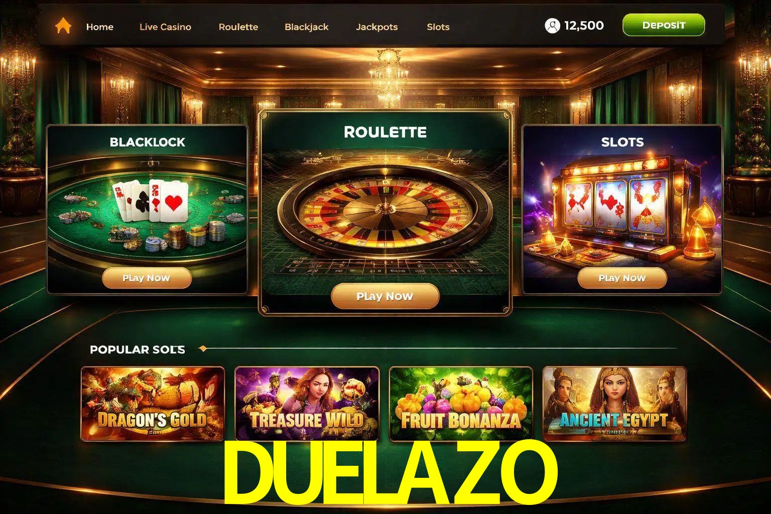 Vista de la plataforma DUELAZO Casino mostrando categorías organizadas de juegos en línea